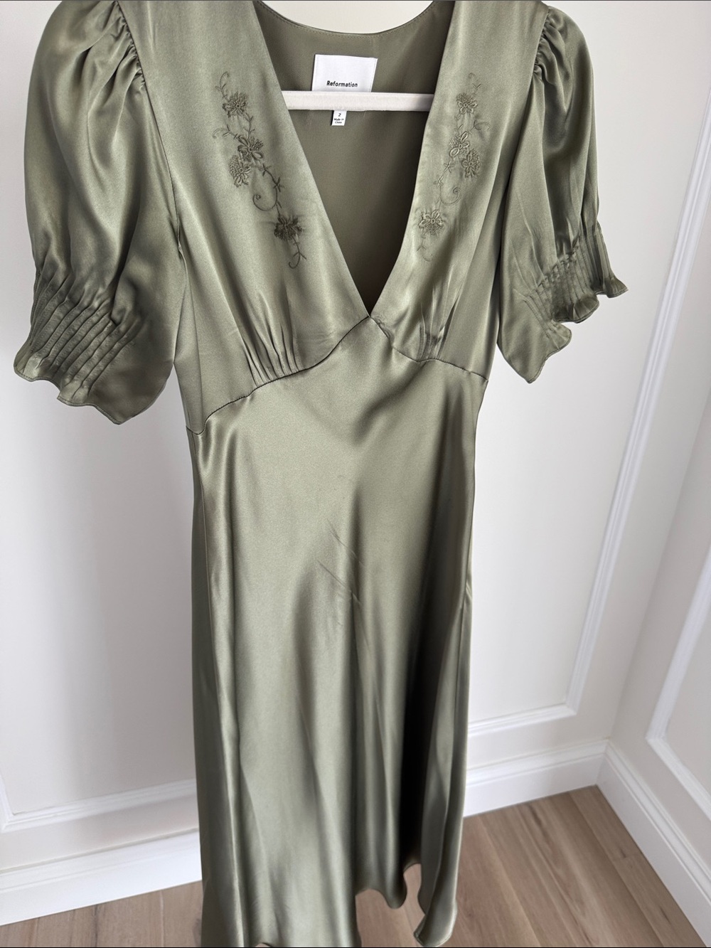 Reformation Olive Satin V-Neck Midi with Puff Sleeves